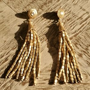 Long Gold Beaded Tassel Earrings